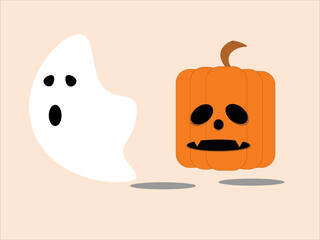 Halloween ghost and pumpkin vector on cream background
