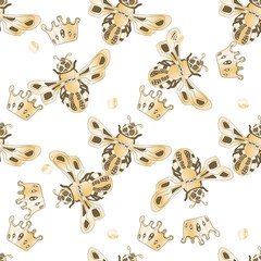 Pattern with wasps. Illustration with bees and crown for textile. Substrate with rose background. Seamless vector illustration View of an insect with striped and golden wings. crown.