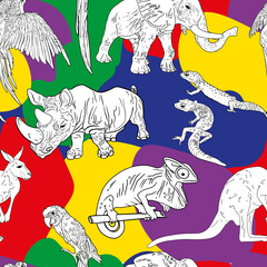 Pattern of exotic animals and bright spots. Seamless illustration rhinoceros, chameleon, kangaroo, gecko, parrot, elephant for printing on clothes, blank for designers, textiles