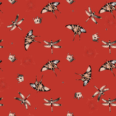 Tropical butterfly pattern, dragonflies. Seamless illustration of insects for printing on clothes, blank for designers, textiles