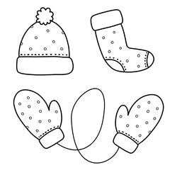 Set of hand drawn winter clothes and accessories hat, mittens, socks. Doodle sketch for kids, Christmas design. Isolated vector illustrations.