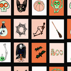 Drawing icons for Halloween holiday, skull, pumpkin, cobweb, skeleton, bats, bones, print, red background