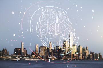 Fototapeta na wymiar Virtual creative artificial Intelligence hologram with human brain sketch on New York city skyline background. Multiexposure