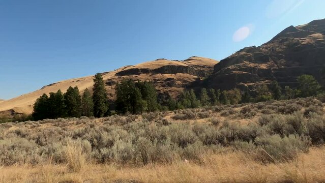 Drive plate-Passing rocky brown hills, sparse pines and sagebrush flats in the Snoqualmie River Valley under clear blue sky