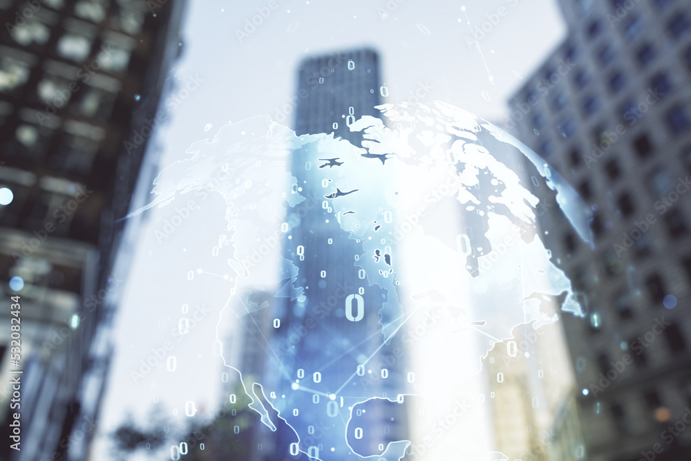 Poster double exposure of abstract creative programming illustration and world map on blurry cityscape back