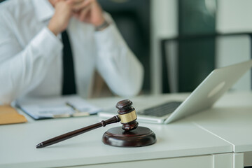 Judge gavel with Justice lawyers having team Concepts of Law and Legal services