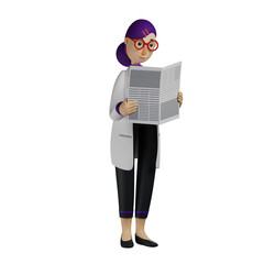 3D illustration. 3D Cartoon Female Doctor is reading a newspaper seriously. wearing cute glasses. with a cute facial expression. 3D Cartoon Character