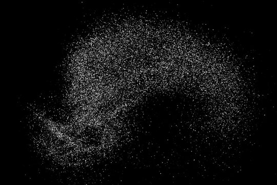 Abstract white grainy texture isolated on black background. Dust overlay textured. Grain noise particles. Snow effects. Design  element. Vector illustration, EPS 10.  