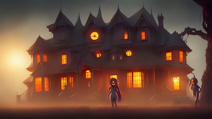 Fototapeta na wymiar Spooky halloween house with ghost