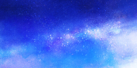 Fototapeta na wymiar 水彩風の青色の星空の風景イラスト　Blue starry sky landscape illustration in watercolor style