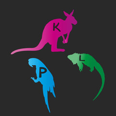 Conceptual silhouette of an animal with text. Animal with text of a large set of animals with text as a blank for designers, logo, icon. Kids animal alphabet collection. kangaroo, parrot, iguana