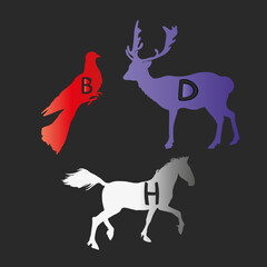 Conceptual silhouette of an animal with text inside. Animal with text of a large set of animals with text as a blank for designers, logo, icon. Kids wild animal alphabet collection. Deer, pigeon, hors