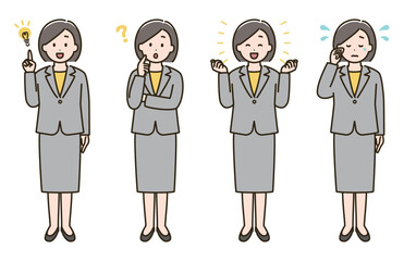 スーツを着た女性の表情バリエーションのイラストセット②（肌色ありバージョン）