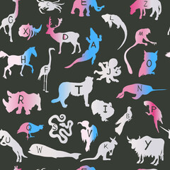 Conceptual silhouette of an animal with text inside. Animal with text of a large set of animals with text as a blank for designers, logo, icon. Kids wild animal alphabet collection.