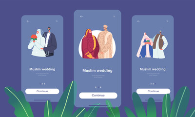 Muslim Couples Wedding Ceremony Mobile App Page Onboard Screen Template. Traditional Islamic Groom and Bride Characters