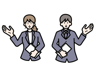 紹介や案内をするジェスチャーのビジネスパーソンのイラスト素材セット