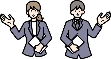 紹介や案内をするジェスチャーのビジネスパーソンのイラスト素材セット
