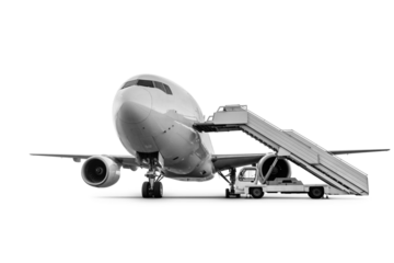 White wide body passenger airliner with boarding stairs isolated on transparent background