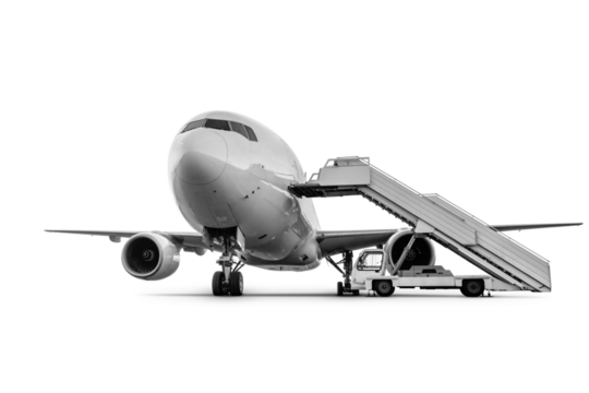 White wide body passenger airliner with boarding stairs isolated on transparent background