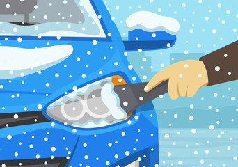 Safe car driving rules and tips. Winter season driving. Close-up of a hand cleaning a vehicle's headlight from ice and snow. Flat vector illustration template. - obrazy, fototapety, plakaty