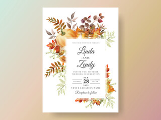 autumn wedding invitation card with pumpkin and mushroom and bird and leaves watercolor