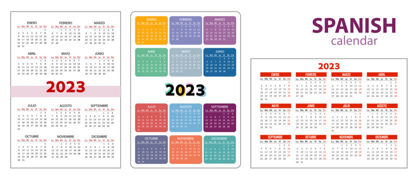 Pocket calendar on 2023 year, spanish. Set color Vertical and horizontal.