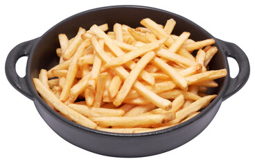 French fries potatoes in black ceramic bowl isolated on white background