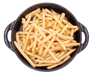 French fries potatoes in black ceramic bowl isolated on white background