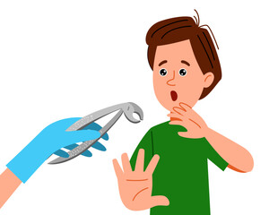 The boy is afraid of the dentist. A frightened patient is a child experiencing a panic attack in the office of a dental clinic. Vector cartoon illustration in a flat style.