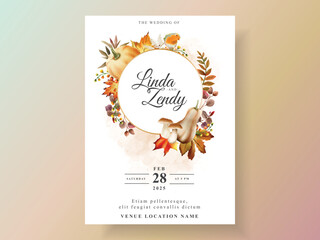 autumn wedding invitation card with pumpkin and mushroom and bird and leaves watercolor