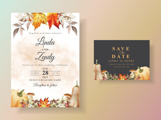 autumn wedding invitation card with pumpkin and mushroom and bird and leaves watercolor