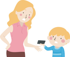 Girl Kid Boy Mom Take Cellphone Illustration