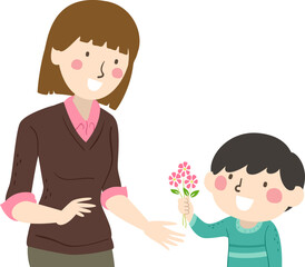 Girl Kid Boy Give Flowers Teacher Illustration