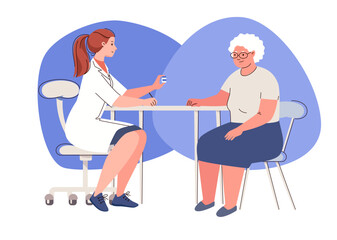 Geriatric counseling. Visit to doctor of elderly patient. Primary health care physician and old man. Vector characters flat cartoon illustration.