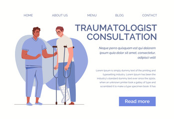 Doctor and patient with leg injury. Traumatologist helps disabled person on crutches. Man with broken foot in cast at orthopedist. Website, template, landing page. Vector flat cartoon illustration.
