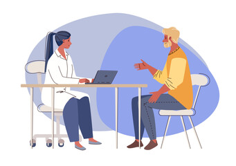Patient in doctor&rsquo;s office. Physician's consultation, appointment. Visit therapist, medical specialist. Examination and diagnostics in clinic. Vector flat cartoon illustration.