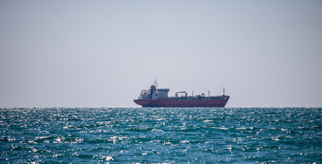 Istanbul, Turkey - 09/19/2022: Side view of a cargo ocean liner in the Black Sea. Tanker for...