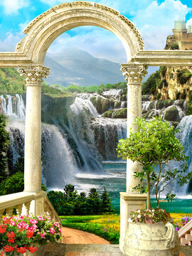 Digital illustration, Beautiful mountain waterfall. A terrace with columns and an arch. Mural Photo wallpaper.