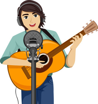 Teen Guy Live Record Song Guitar Mic Illustration
