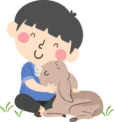 Kid Boy Hug Goat Illustration