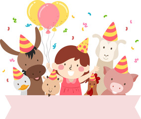 Fototapeta na wymiar Kid Girl Farm Petting Zoo Birthday Illustration