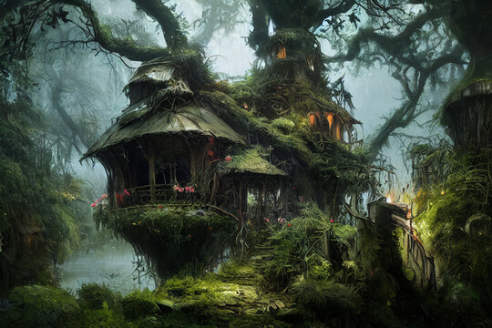 tree elf house in the forest , digital illustration