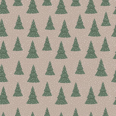 Winter seamless pattern. Graphic pine tree and snow on brown background. Vector wrapping paper template.