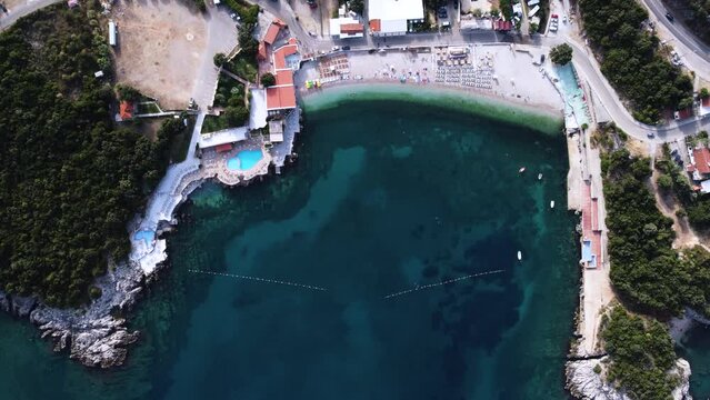 Above Utjeha Beach Uvala Maslina on tourist shore of Montenegro, aerial