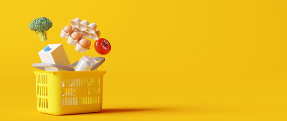 Fototapeta Basket with foods on yellow background. Supermarket shopping concept. 3d rendering obraz