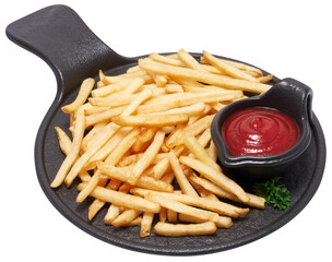 French fries potatoes on black ceramic serving board or dish isolated