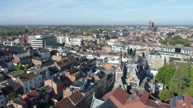 Aerial flying over Hasselt on sunny, summer day, Belgium.