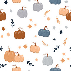 Creative decorative pumpkin pattern with stars and leaves. Autumn creative texture. Children  Vector illustration