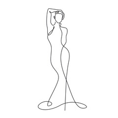 Elegant Female Silhouette Continuous One Line Drawing. Woman Dress Fashion Minimalist Illustration. Woman Minimal Sketch Drawing. fashion Beauty Single Line for Home Decor, Wall Art. Vector EPS 10 