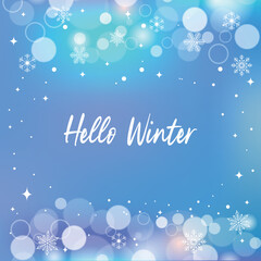 Bright colorful sky background with white snowflakes and hello winter lettering.